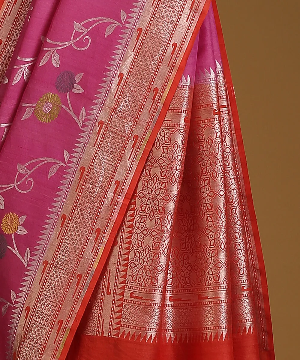 Pink And Red Handloom Pure Tussar Georgette Banarasi Saree With Flower Motifs