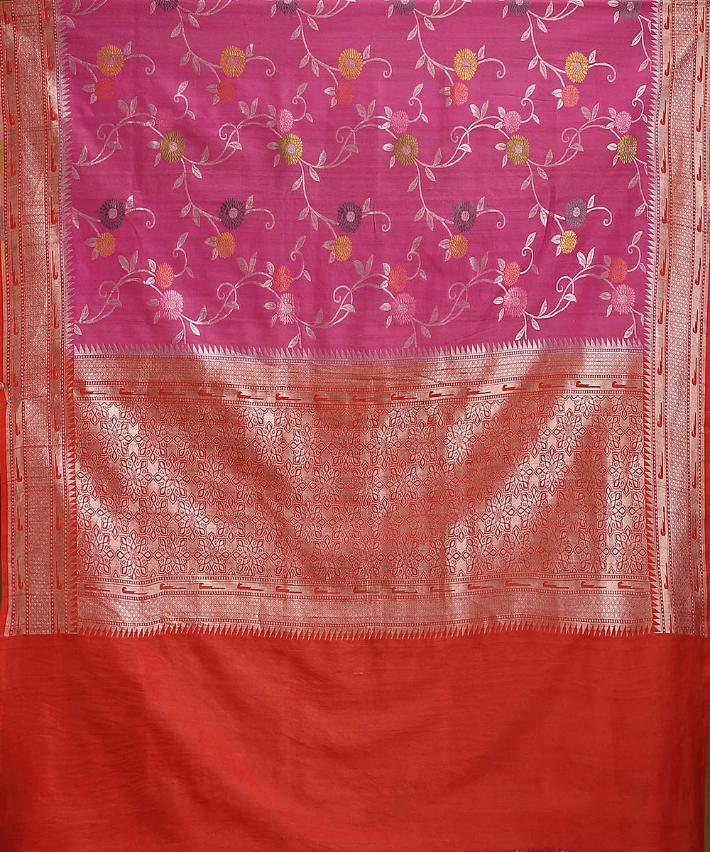 Pink And Red Handloom Pure Tussar Georgette Banarasi Saree With Flower Motifs