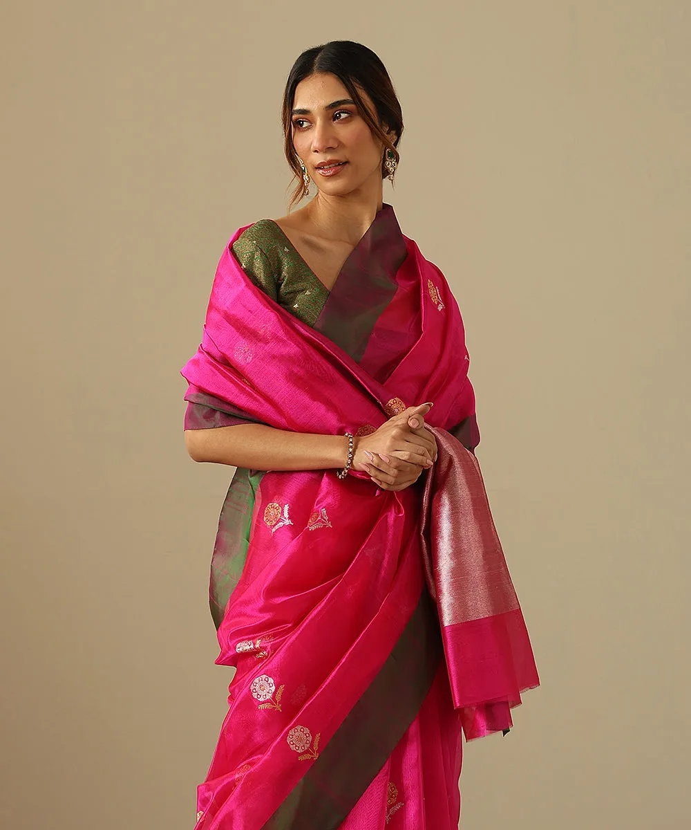 Pink Handloom Pure Silk Chanderi Saree With Floral Motif And Green Border