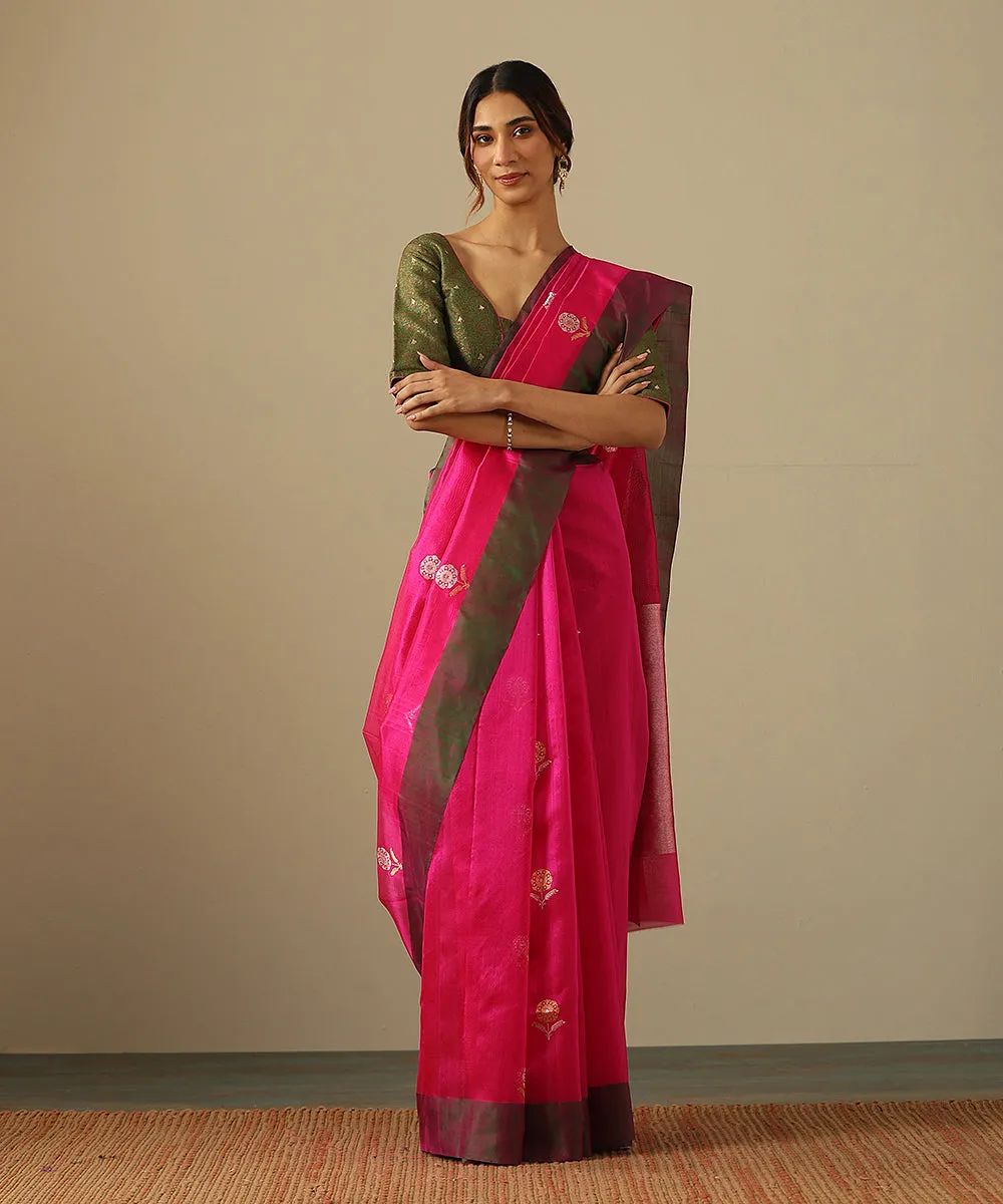 Pink Handloom Pure Silk Chanderi Saree With Floral Motif And Green Border