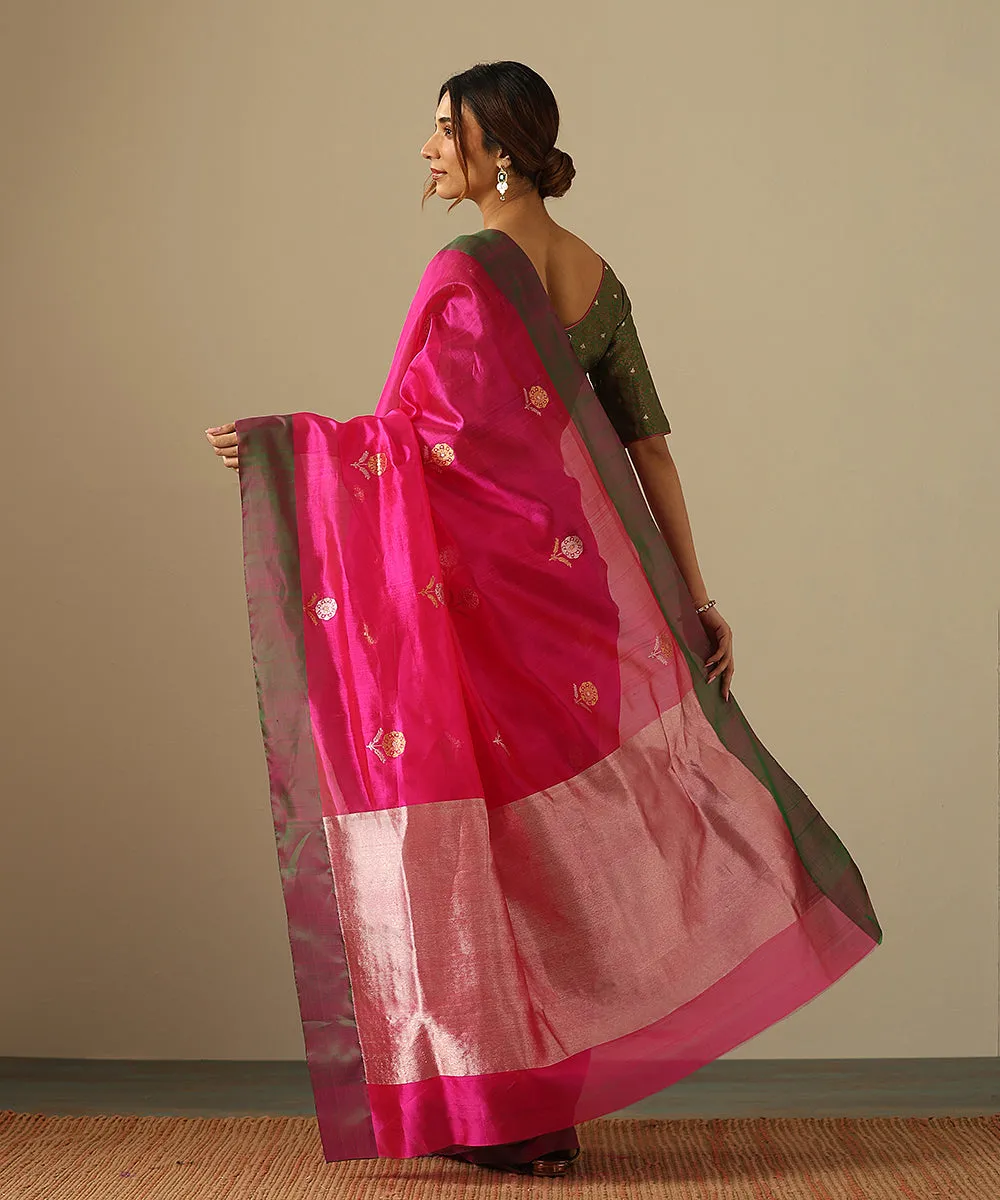 Pink Handloom Pure Silk Chanderi Saree With Floral Motif And Green Border