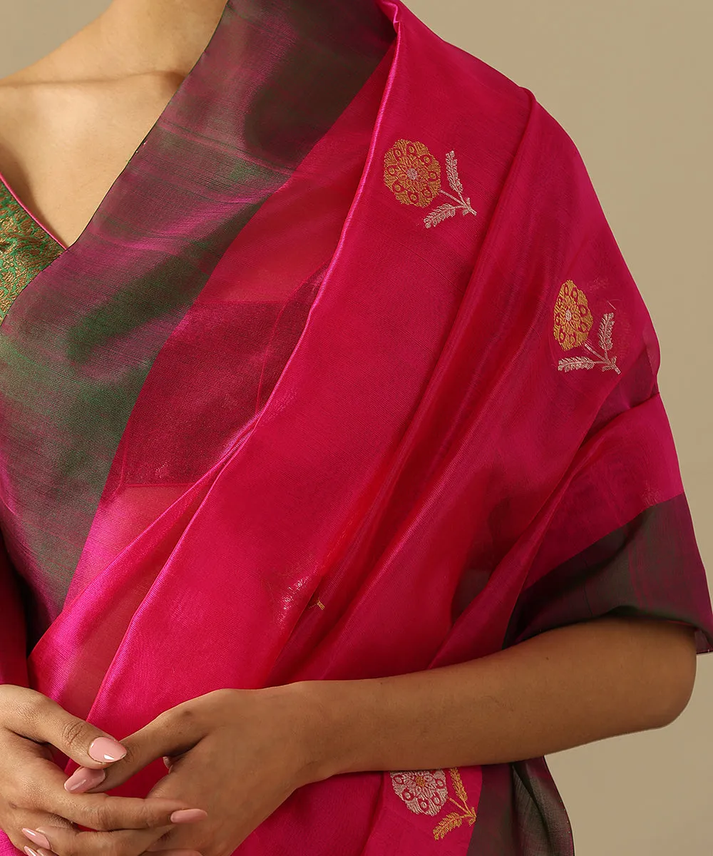 Pink Handloom Pure Silk Chanderi Saree With Floral Motif And Green Border