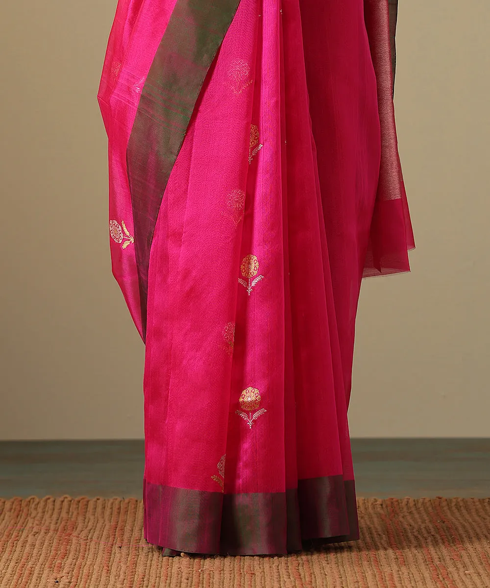 Pink Handloom Pure Silk Chanderi Saree With Floral Motif And Green Border