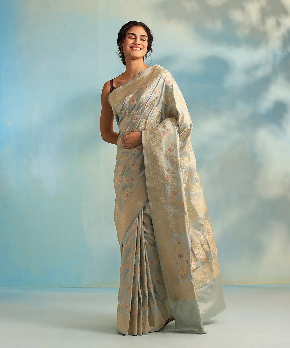 Powder Blue Handloom Pure Katan Silk Banarasi Saree With Jangla And Meenakari Work