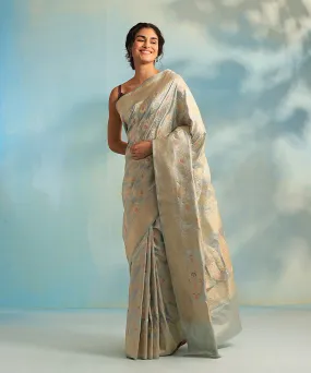 Powder Blue Handloom Pure Katan Silk Banarasi Saree With Jangla And Meenakari Work