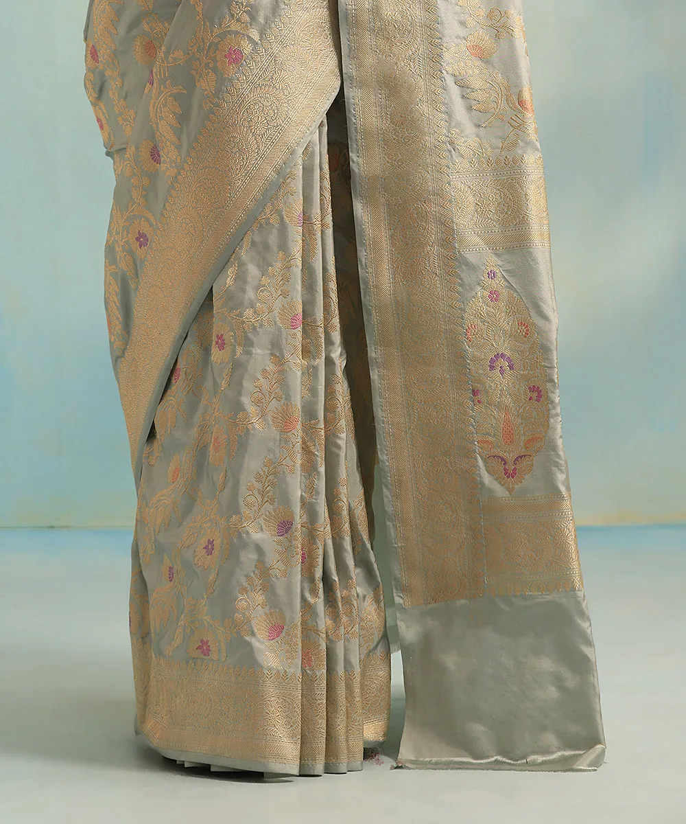 Powder Blue Handloom Pure Katan Silk Banarasi Saree With Jangla And Meenakari Work