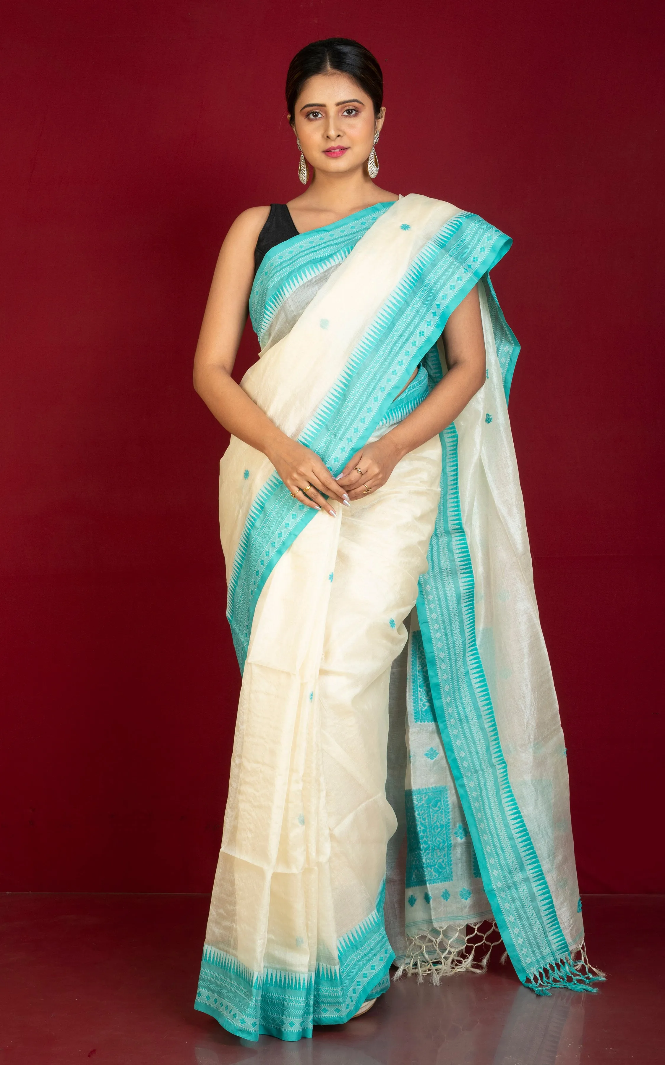 Premium Quality Tussar Silk Bomkai Saree in Off White and Common Teal with Nakshi Woven Thread Work