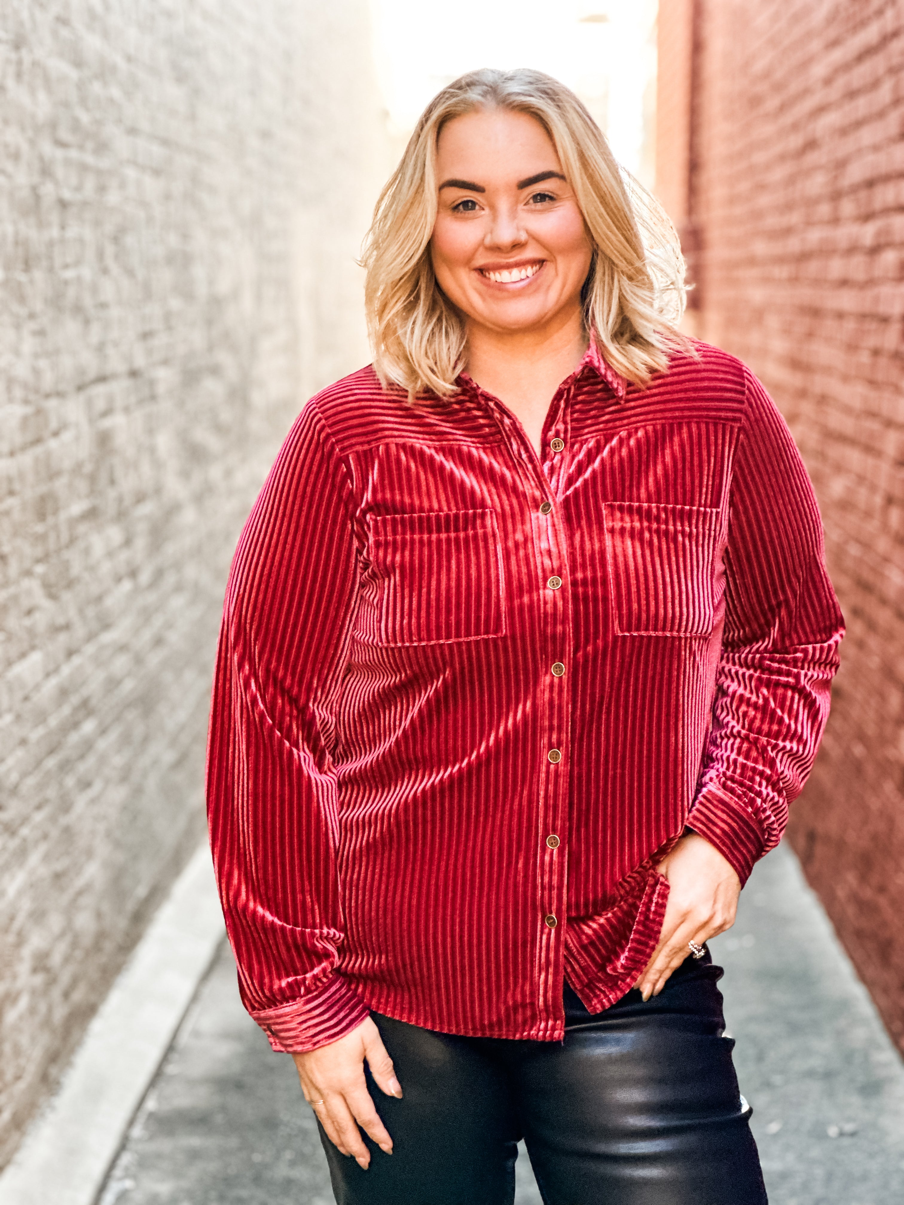 Purely Posh Velvet Stripe Button Down Top