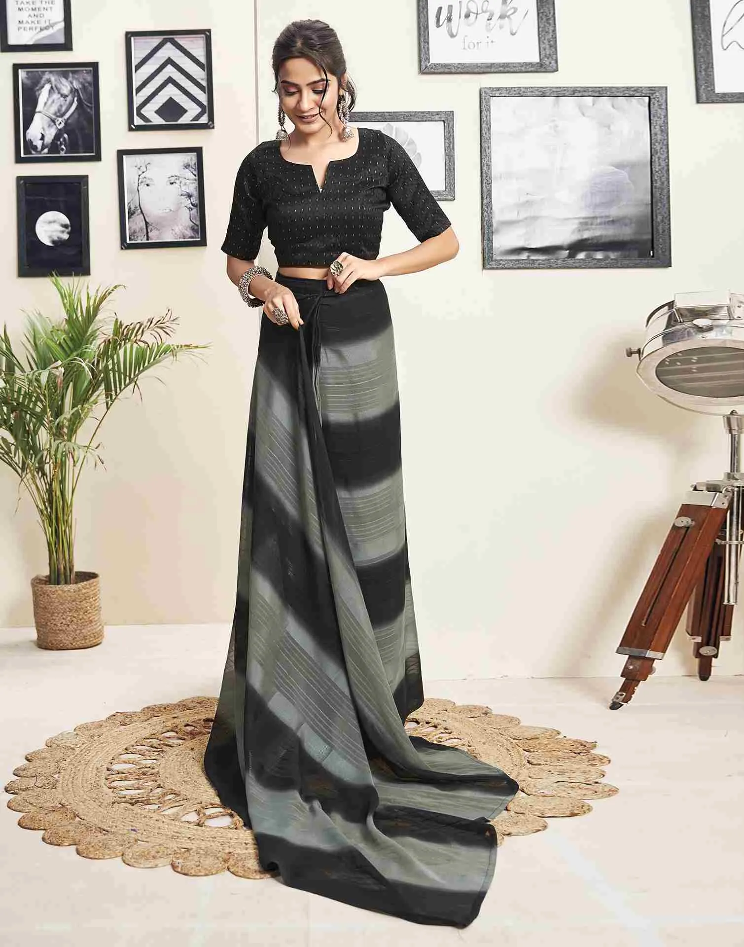 Ready To Wear Black Georgette Printed Plain Saree