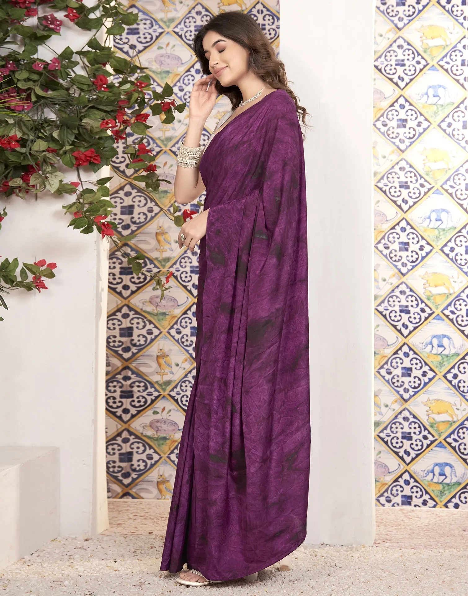 Ready To Wear Deep Violet Georgette Printed Saree