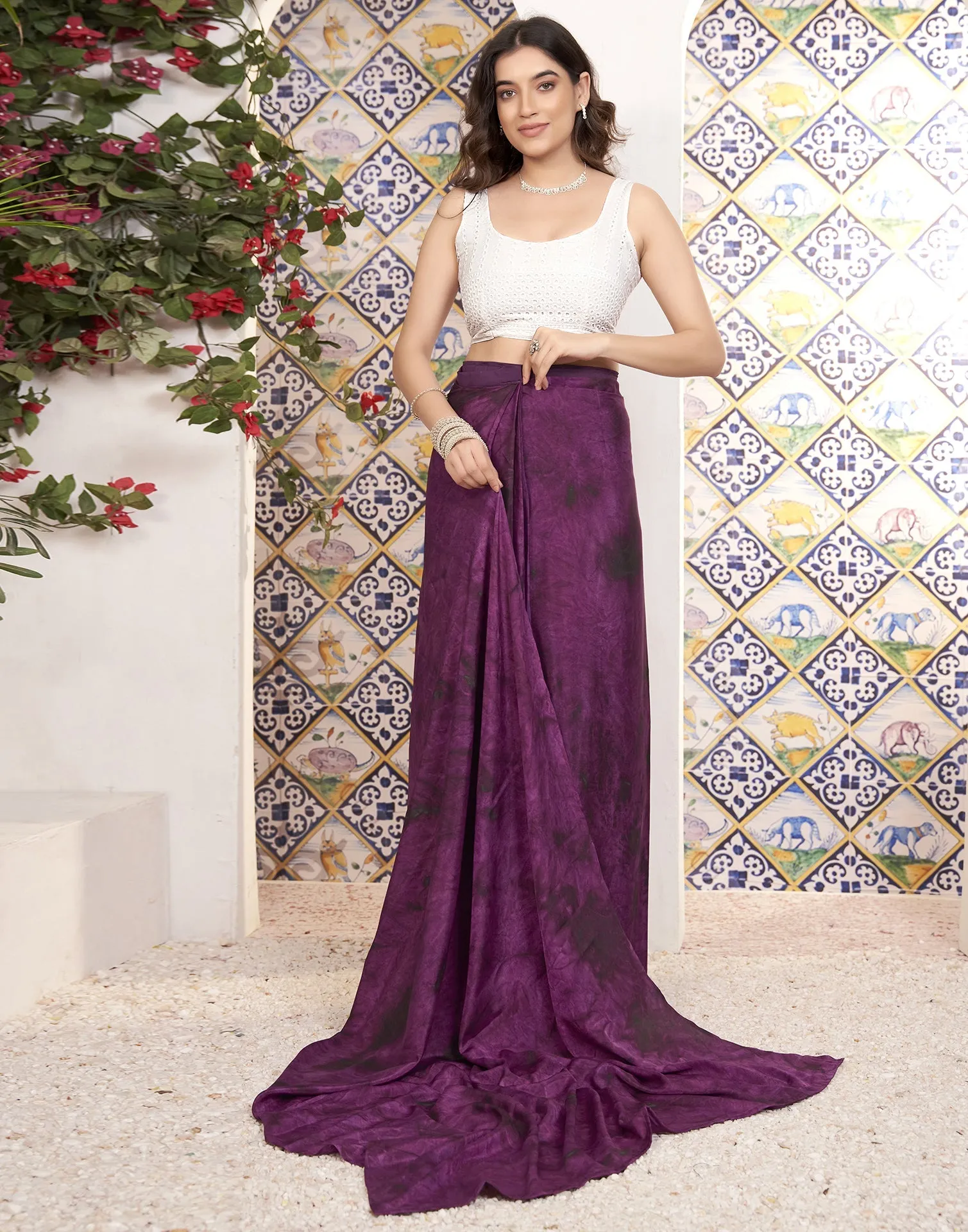 Ready To Wear Deep Violet Georgette Printed Saree