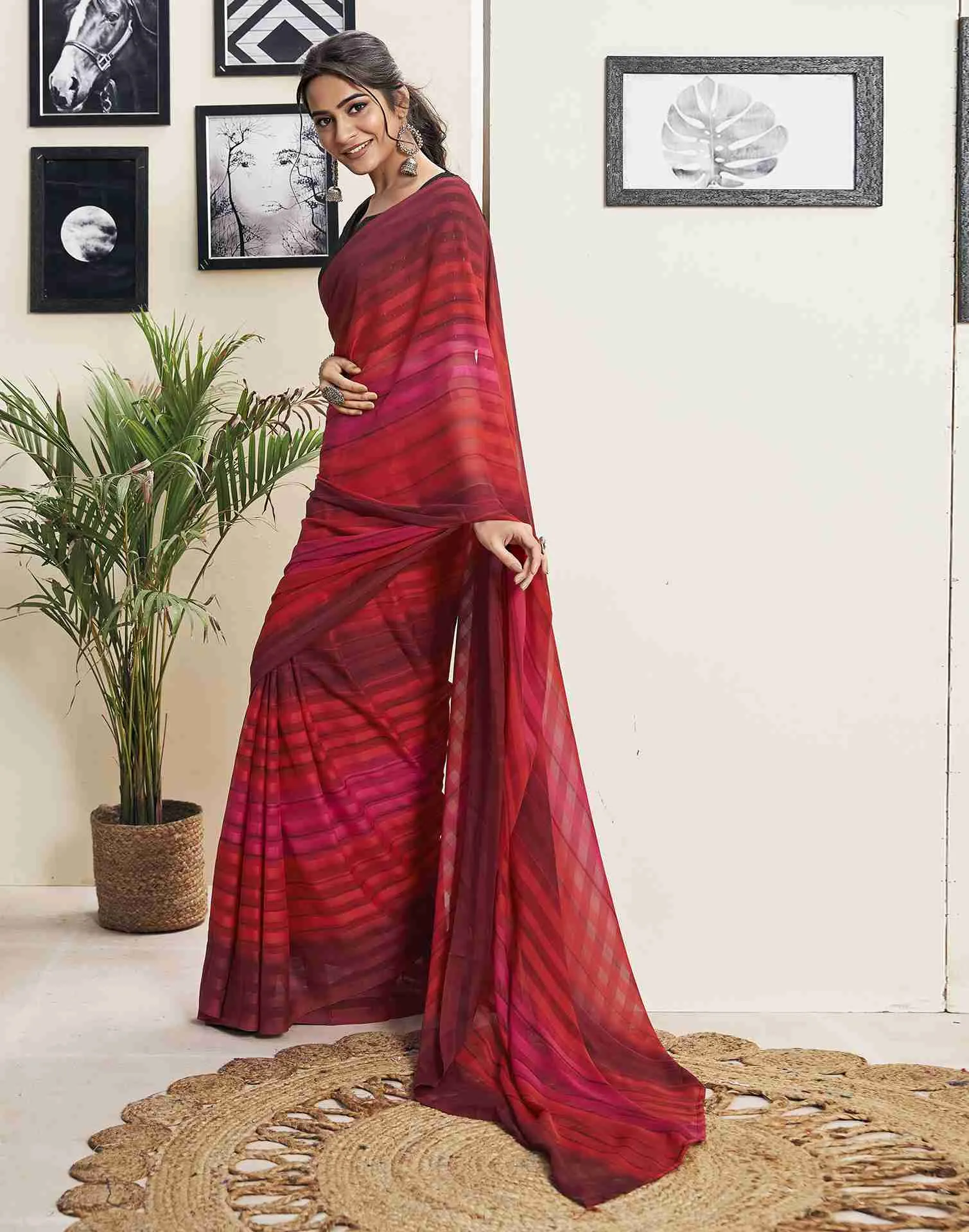 Ready To Wear Maroon Georgette Printed Plain Saree