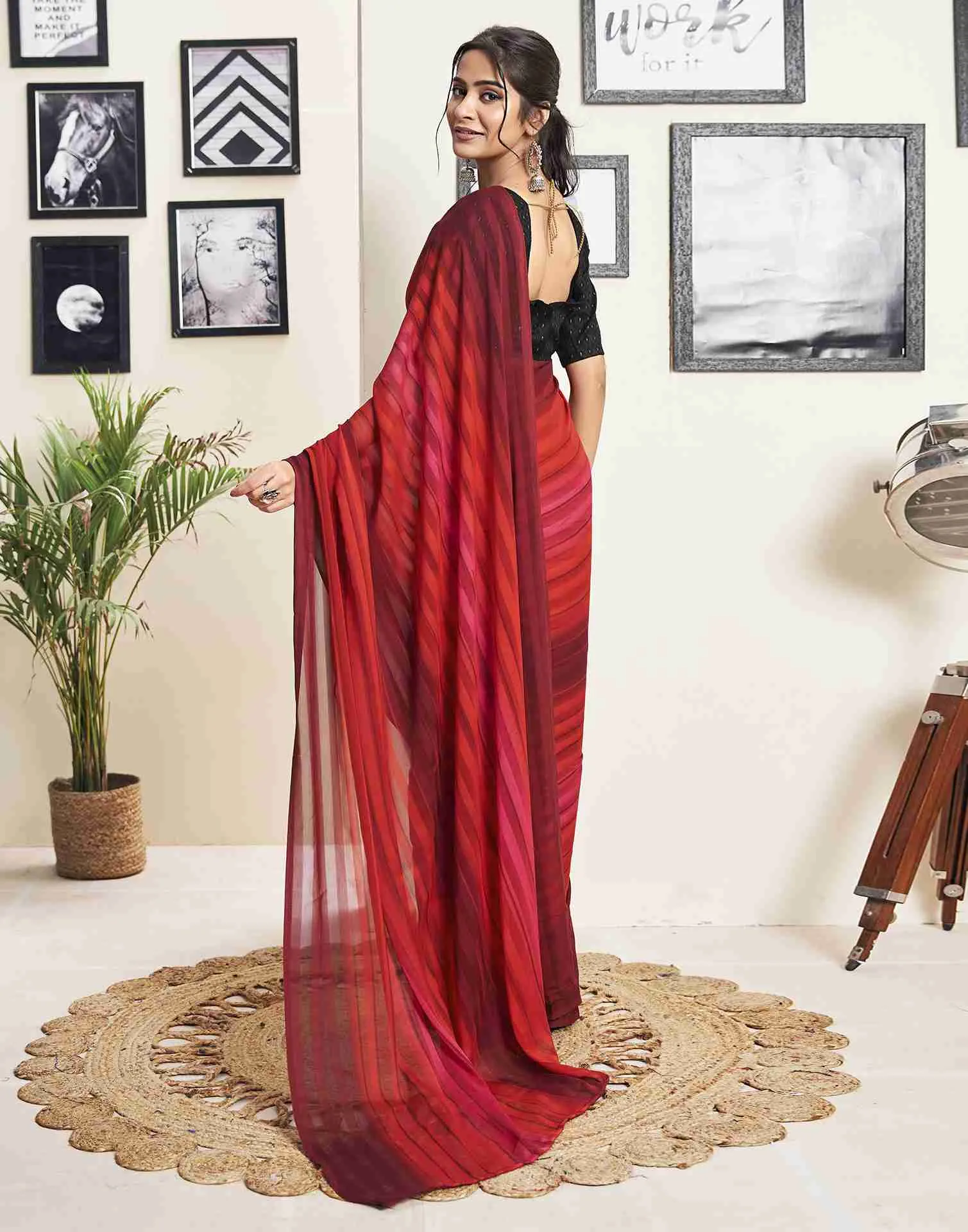 Ready To Wear Maroon Georgette Printed Plain Saree