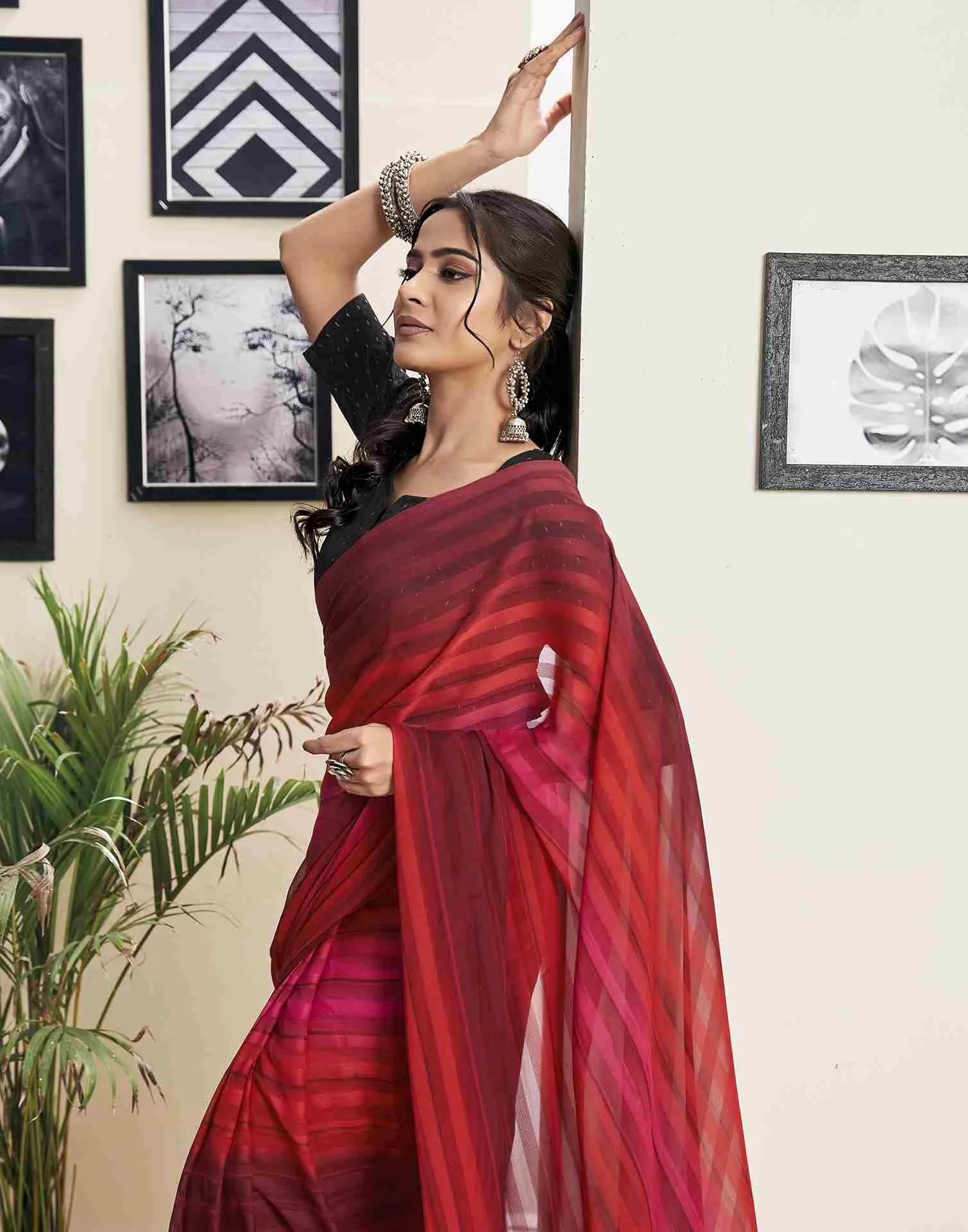 Ready To Wear Maroon Georgette Printed Plain Saree