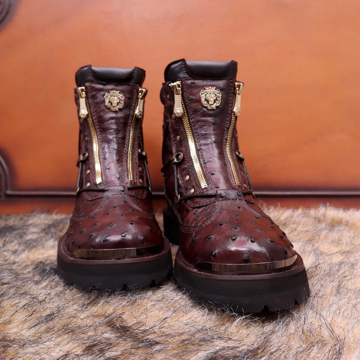 Real Ostrich Chunky Boot In Tobacco Dark Brown With Metal Plate On Toe