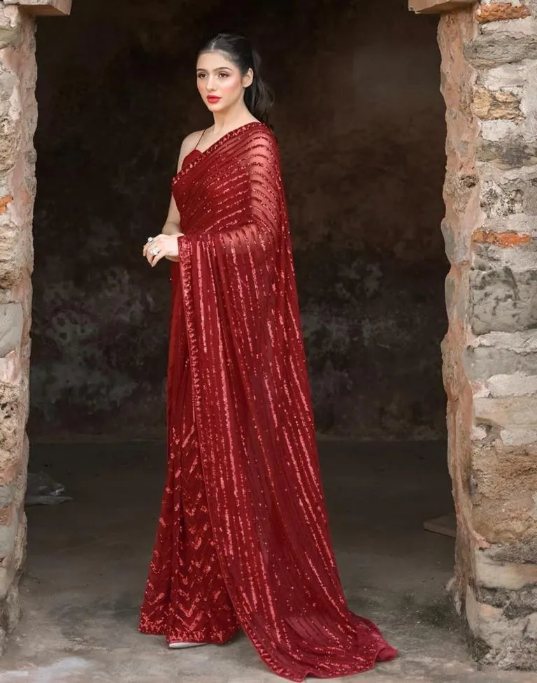 Red Georgette Plain Sarees