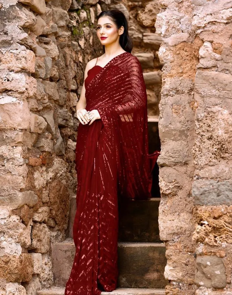 Red Georgette Plain Sarees