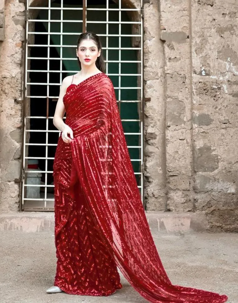 Red Georgette Plain Sarees