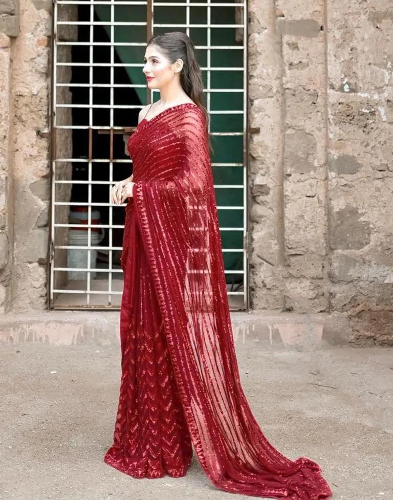 Red Georgette Plain Sarees