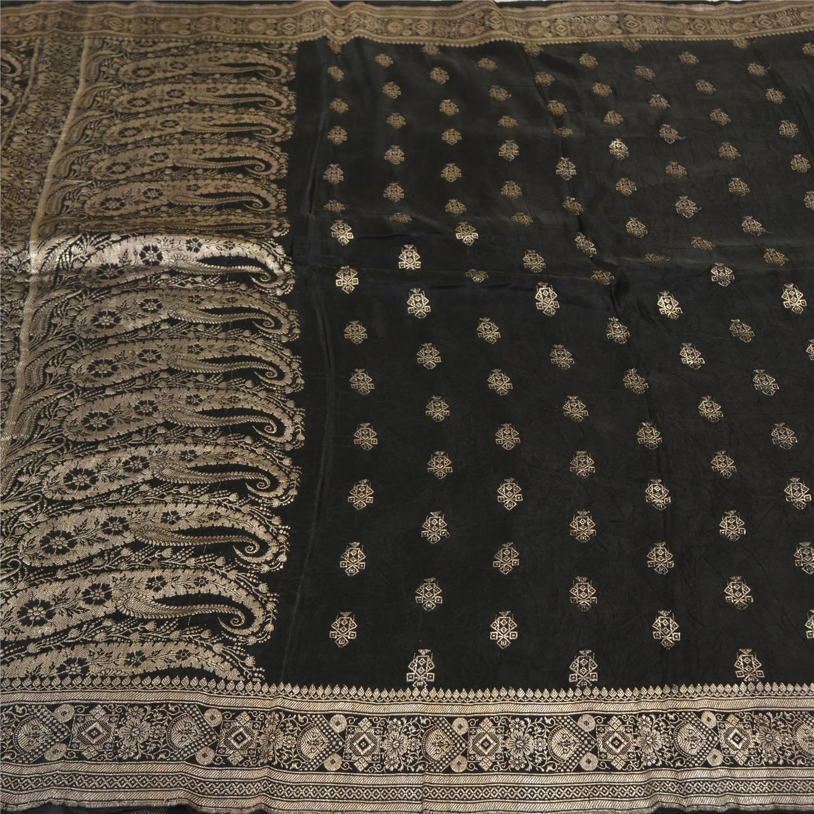 Sanskriti Vintage Black Sarees Pure Satin Silk Brocade/Banarasi Zari Sari Fabric