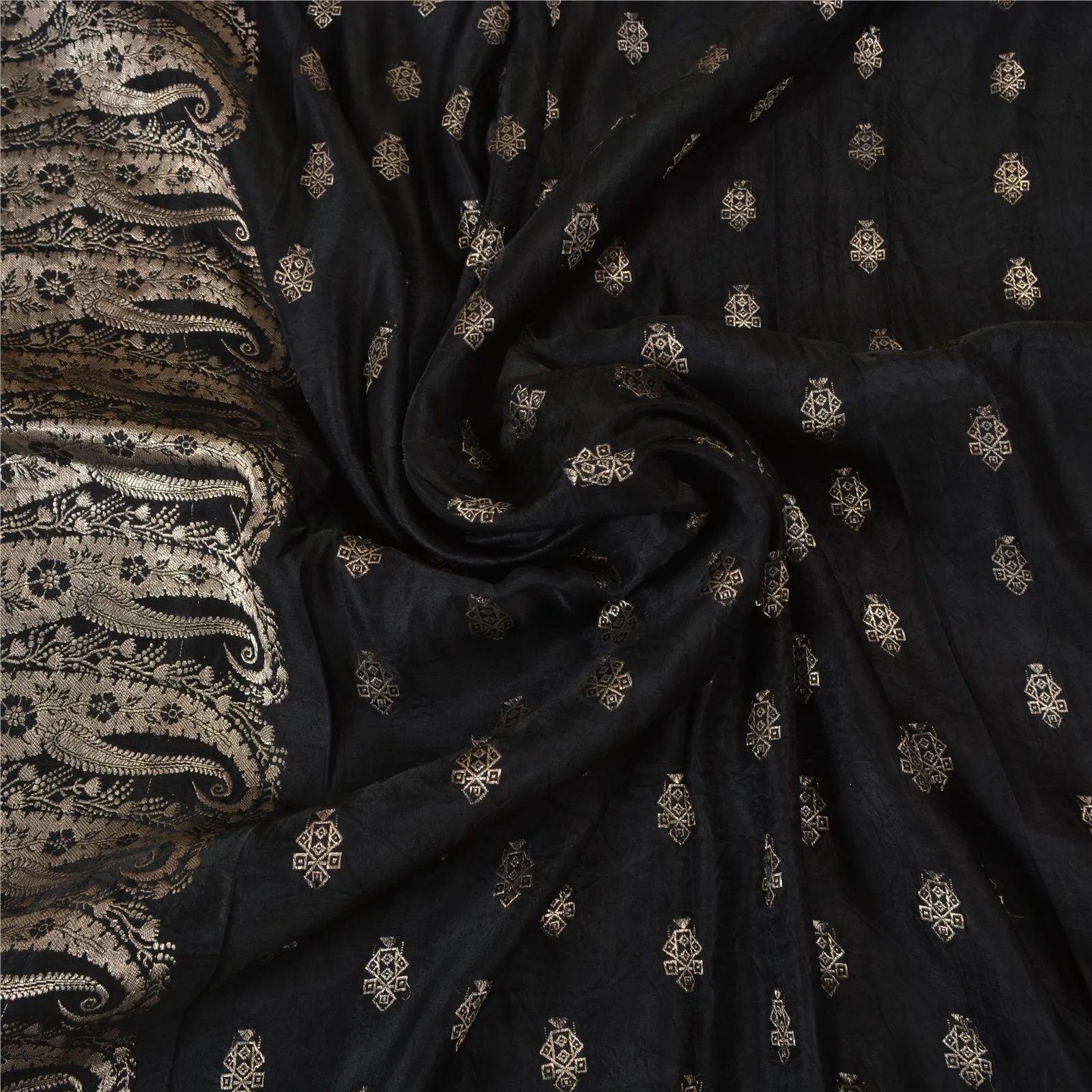 Sanskriti Vintage Black Sarees Pure Satin Silk Brocade/Banarasi Zari Sari Fabric