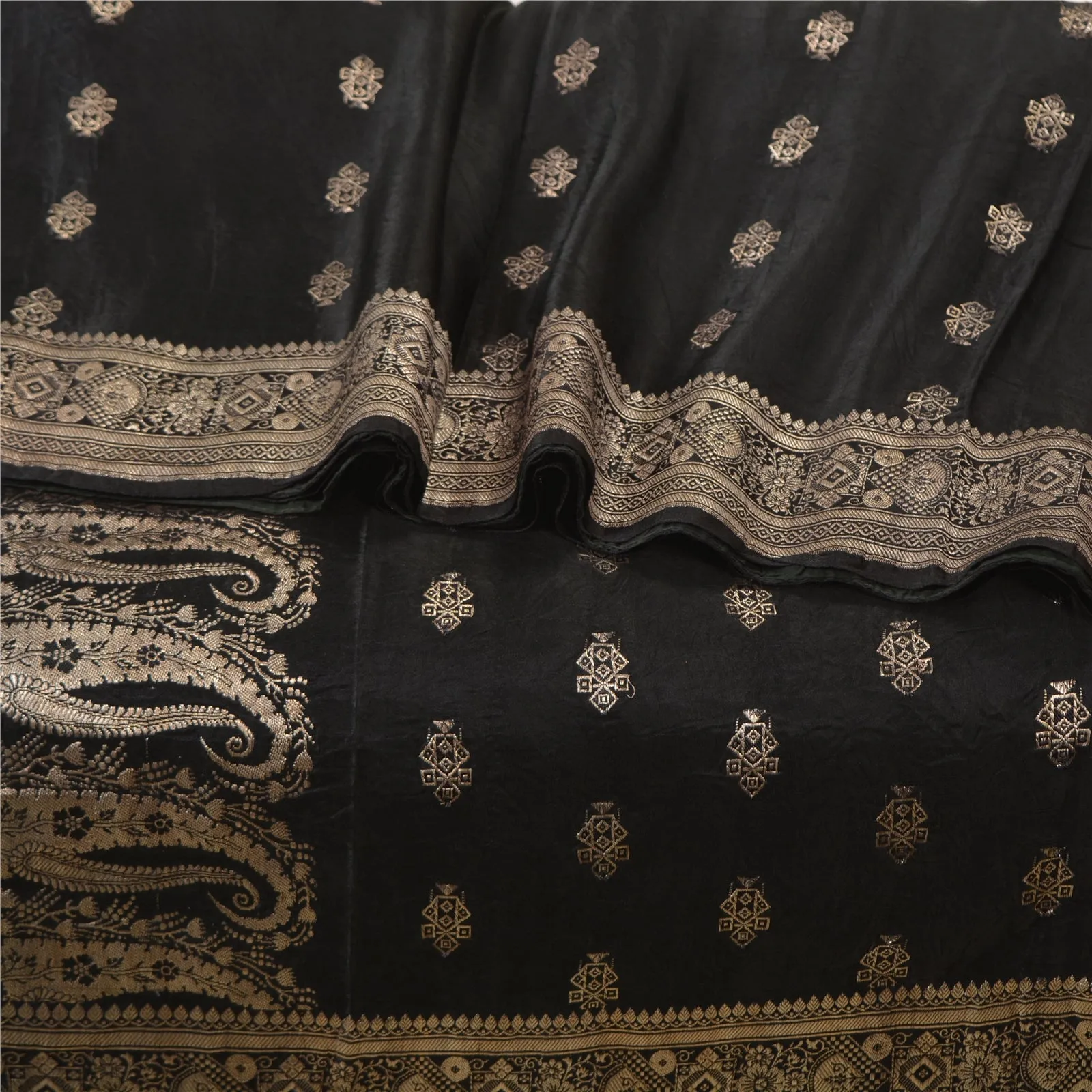 Sanskriti Vintage Black Sarees Pure Satin Silk Brocade/Banarasi Zari Sari Fabric