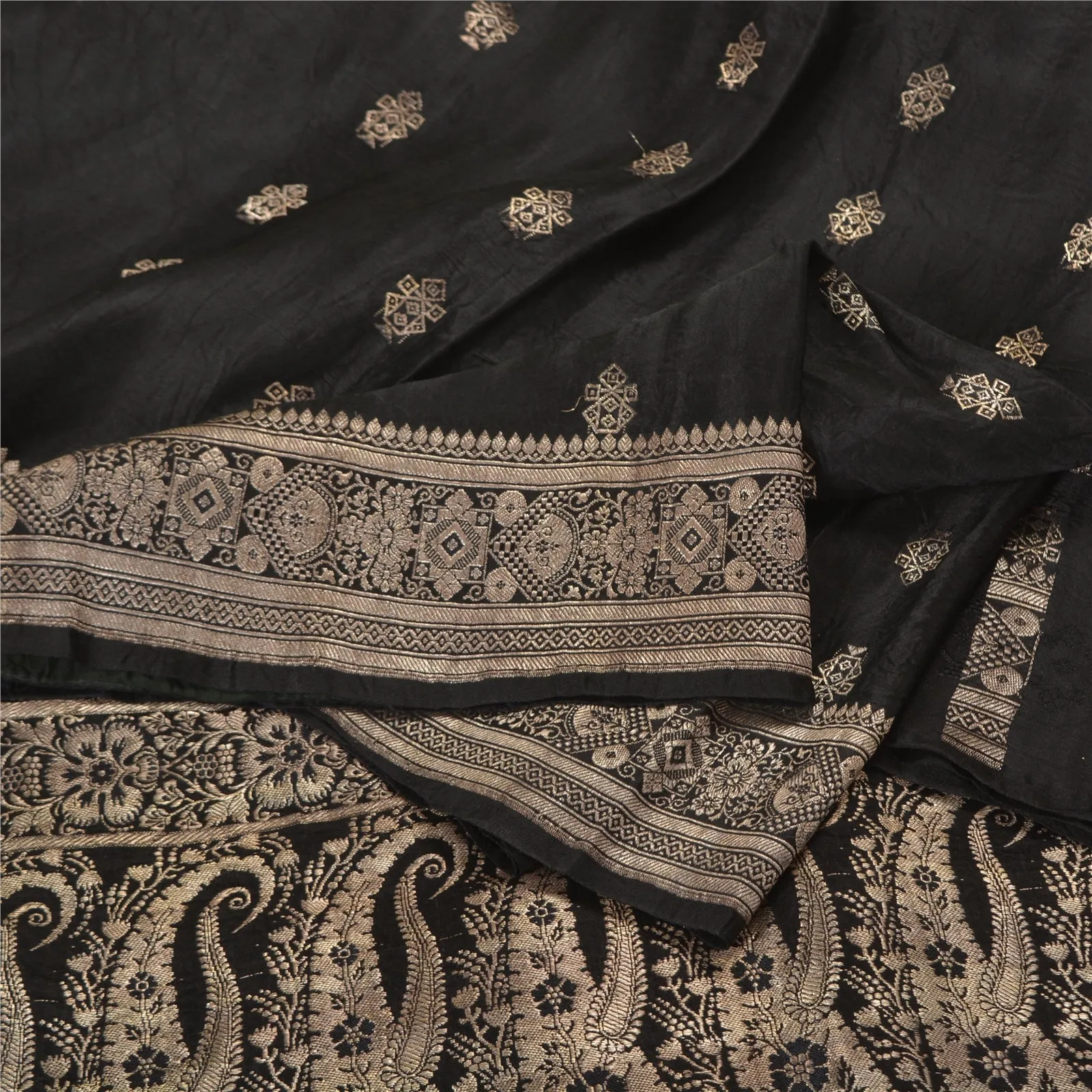 Sanskriti Vintage Black Sarees Pure Satin Silk Brocade/Banarasi Zari Sari Fabric