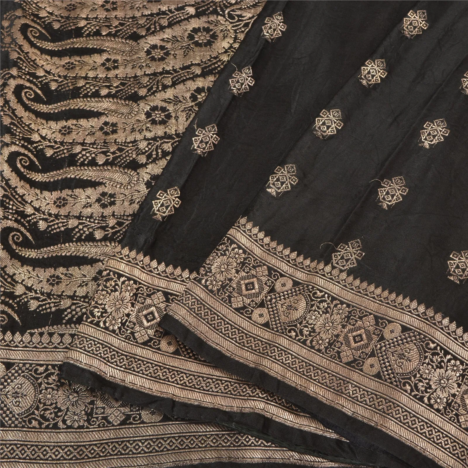 Sanskriti Vintage Black Sarees Pure Satin Silk Brocade/Banarasi Zari Sari Fabric