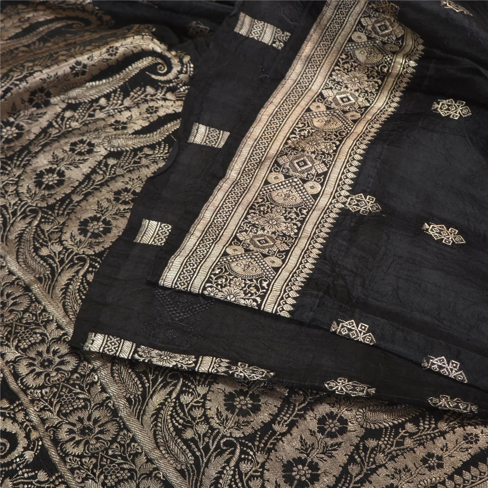 Sanskriti Vintage Black Sarees Pure Satin Silk Brocade/Banarasi Zari Sari Fabric