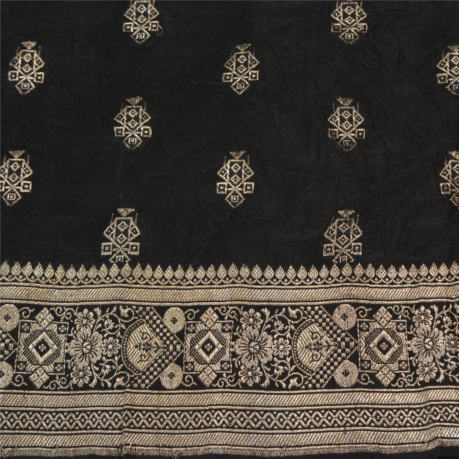 Sanskriti Vintage Black Sarees Pure Satin Silk Brocade/Banarasi Zari Sari Fabric