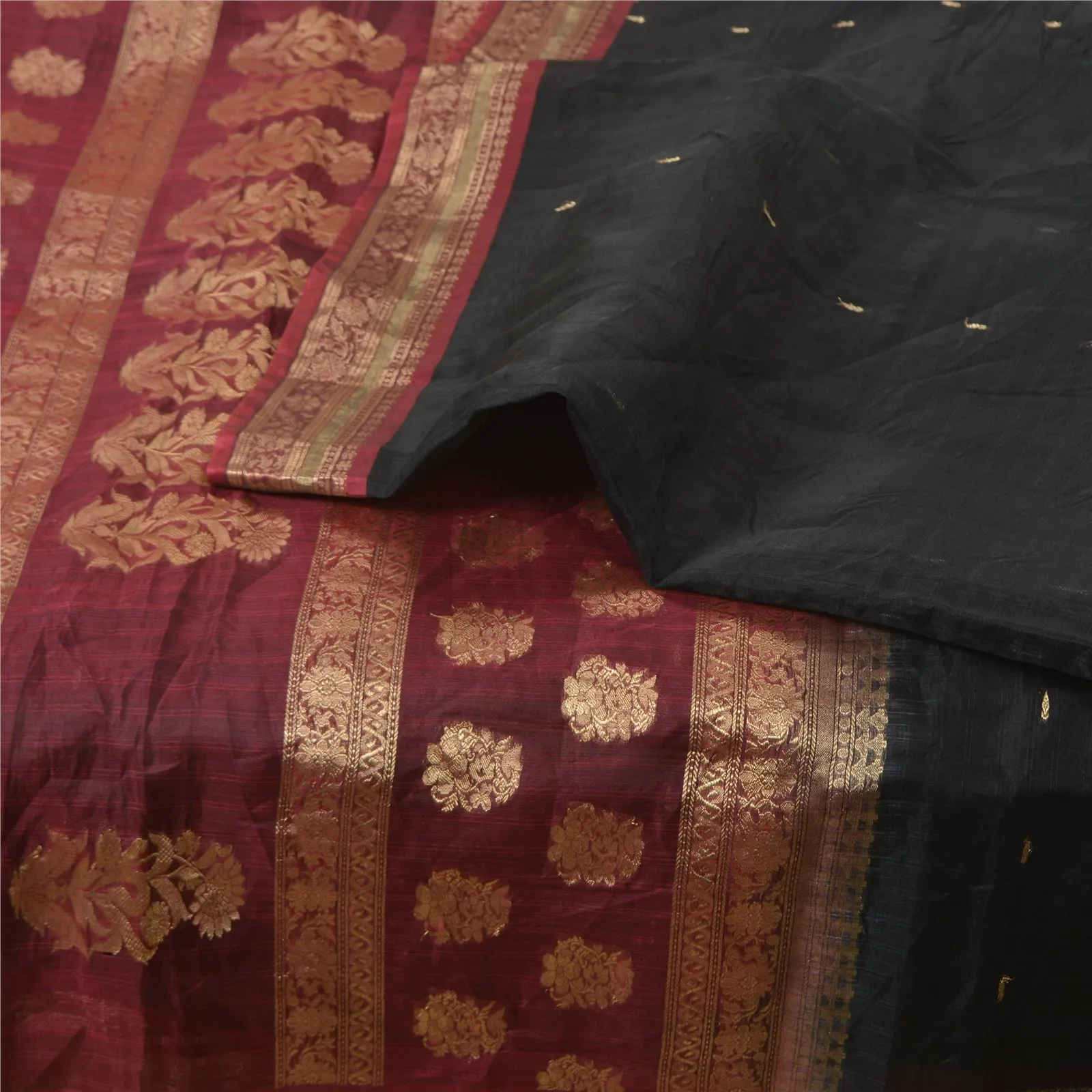 Sanskriti Vintage Black/Dark Red Sarees 100% Pure Silk Woven Zari Sari Fabric