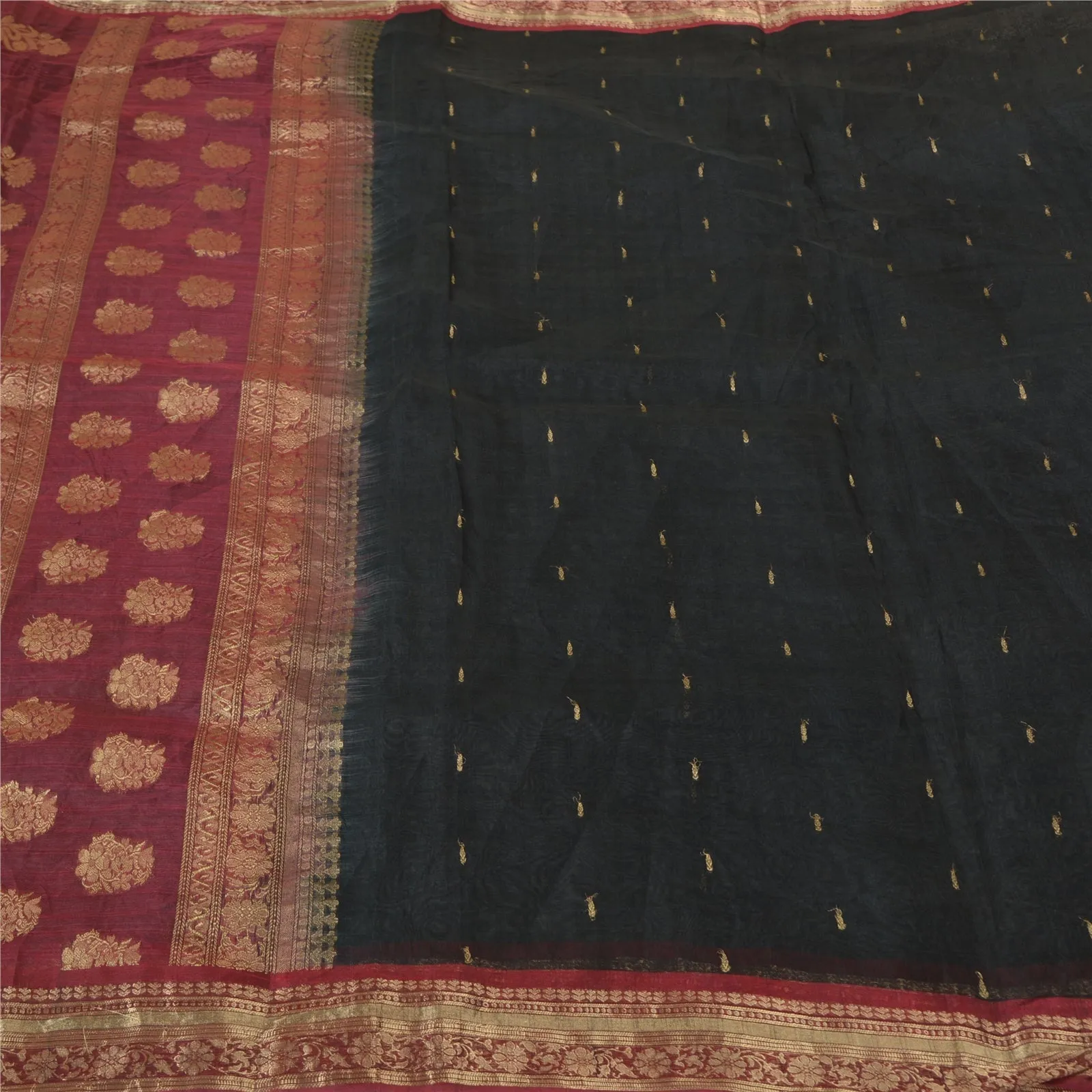 Sanskriti Vintage Black/Dark Red Sarees 100% Pure Silk Woven Zari Sari Fabric