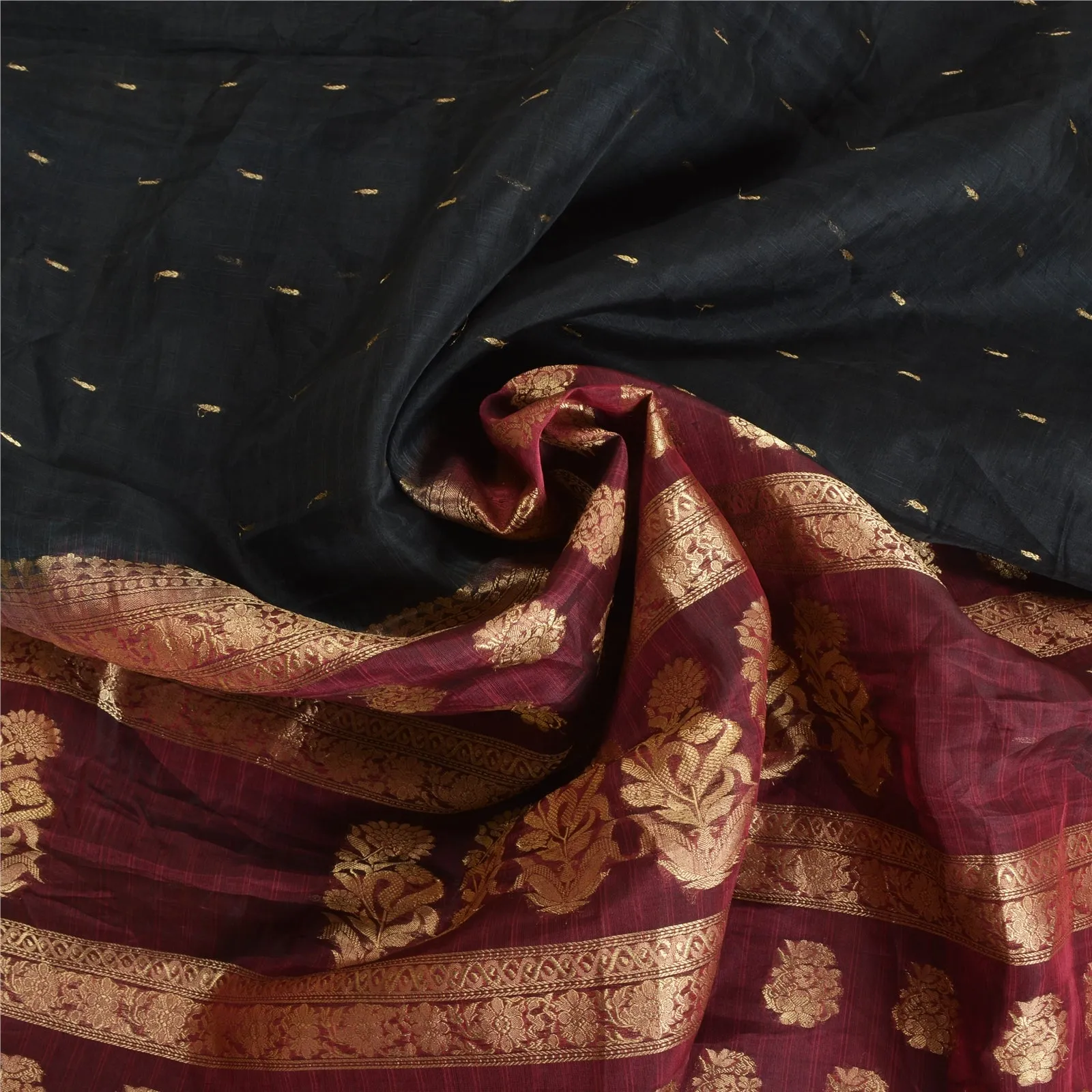 Sanskriti Vintage Black/Dark Red Sarees 100% Pure Silk Woven Zari Sari Fabric