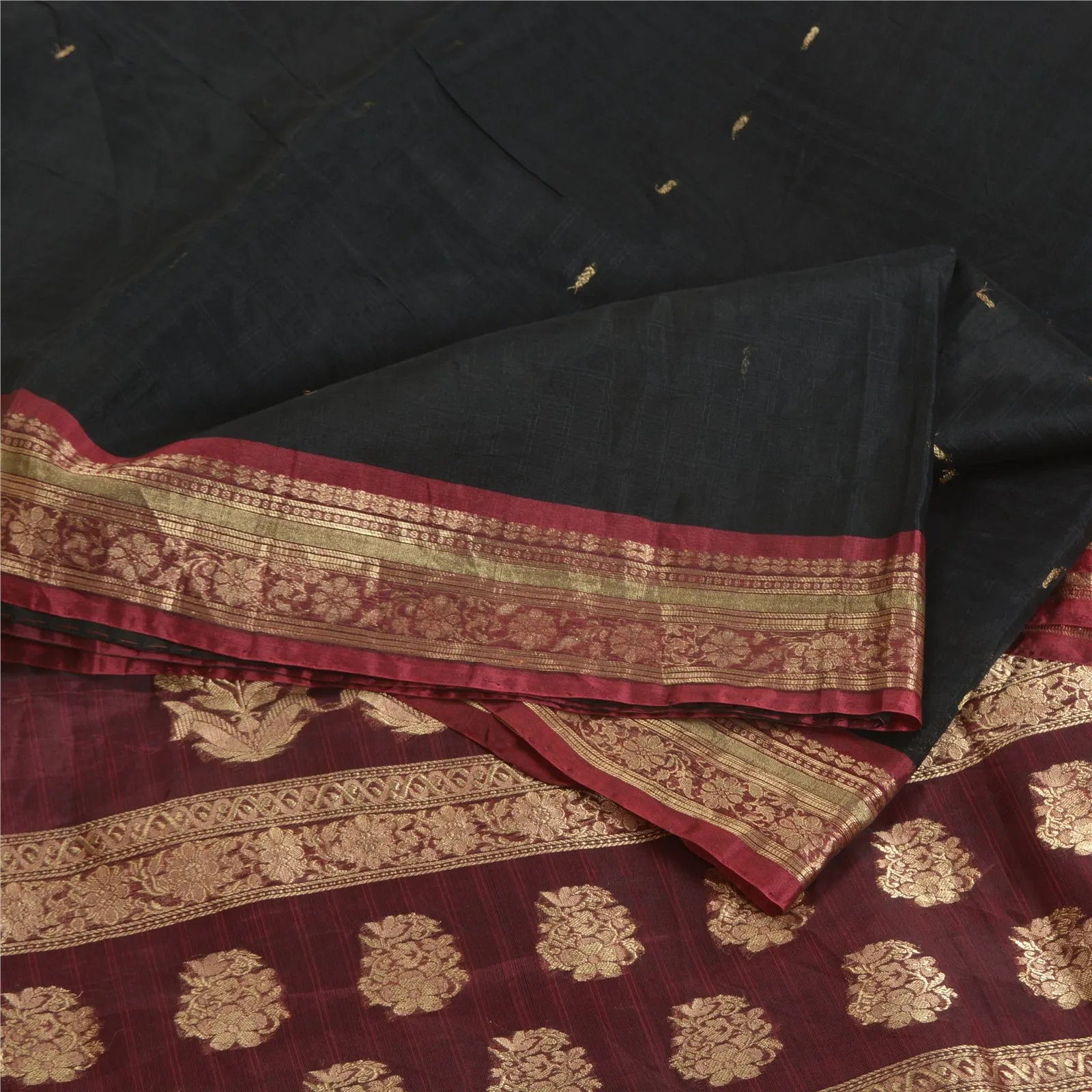 Sanskriti Vintage Black/Dark Red Sarees 100% Pure Silk Woven Zari Sari Fabric