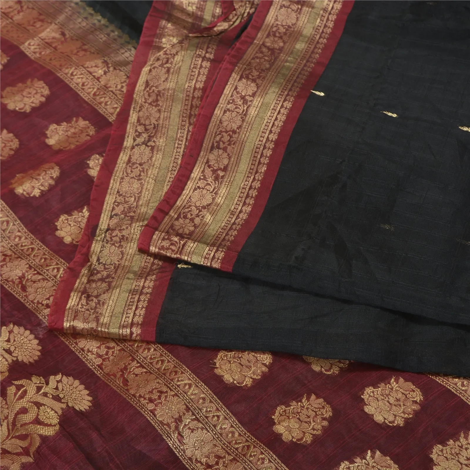 Sanskriti Vintage Black/Dark Red Sarees 100% Pure Silk Woven Zari Sari Fabric