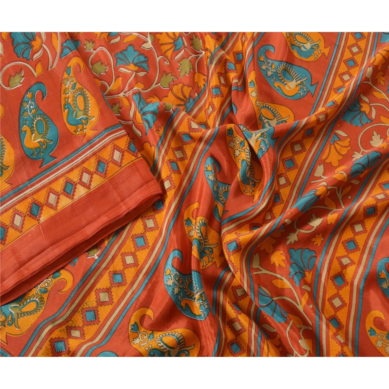 Sanskriti Vintage Brick Red Sarees Moss Crepe Printed Sari 5YD Soft Craft Fabric