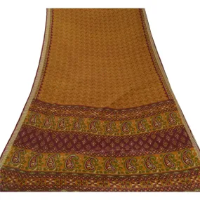 Sanskriti Vintage Brown Sarees Moss Crepe Printed Decor 5 Yard Sari Craft Fabric