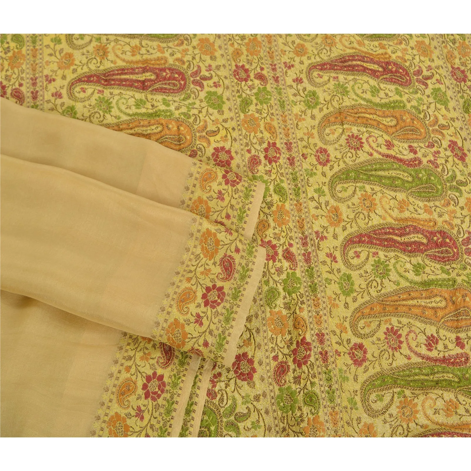 Sanskriti Vintage Ivory Sarees 100% Pure Silk Woven Premium Sari Craft Fabric