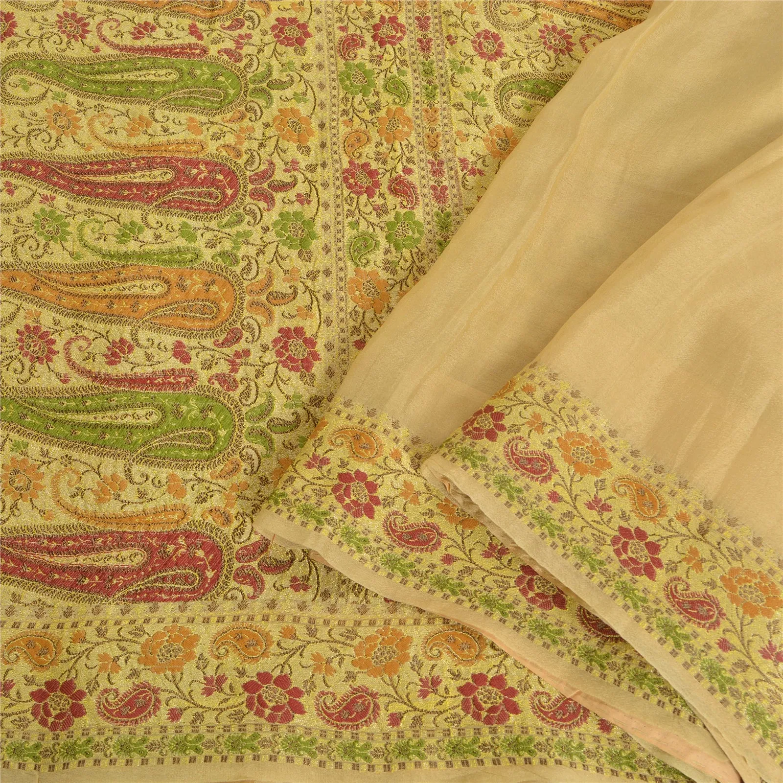 Sanskriti Vintage Ivory Sarees 100% Pure Silk Woven Premium Sari Craft Fabric