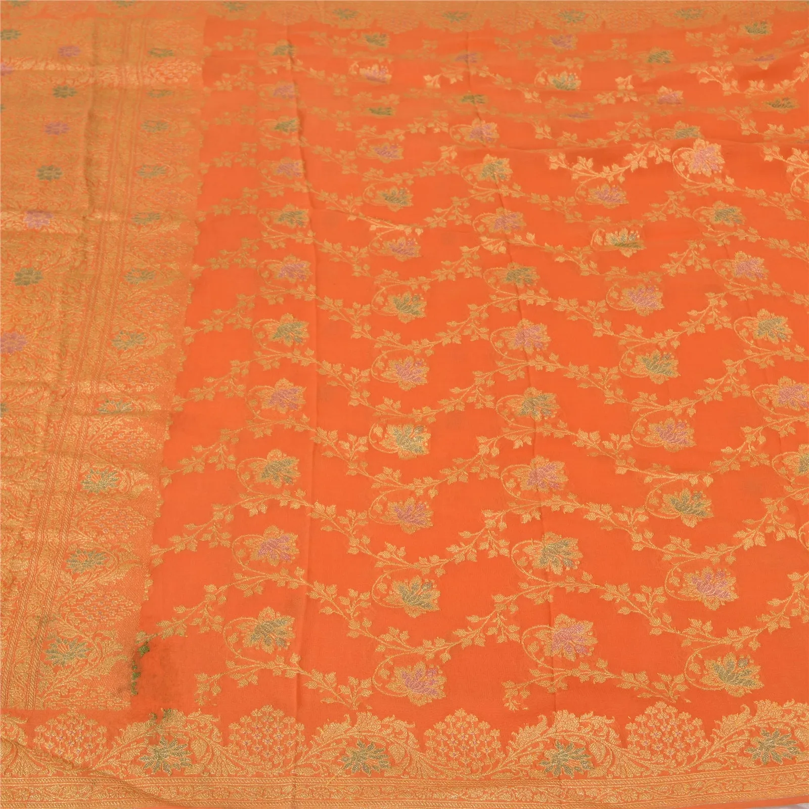 Sanskriti Vintage Orange Sarees Pure Georgette Silk Hand Woven Sari Craft Fabric