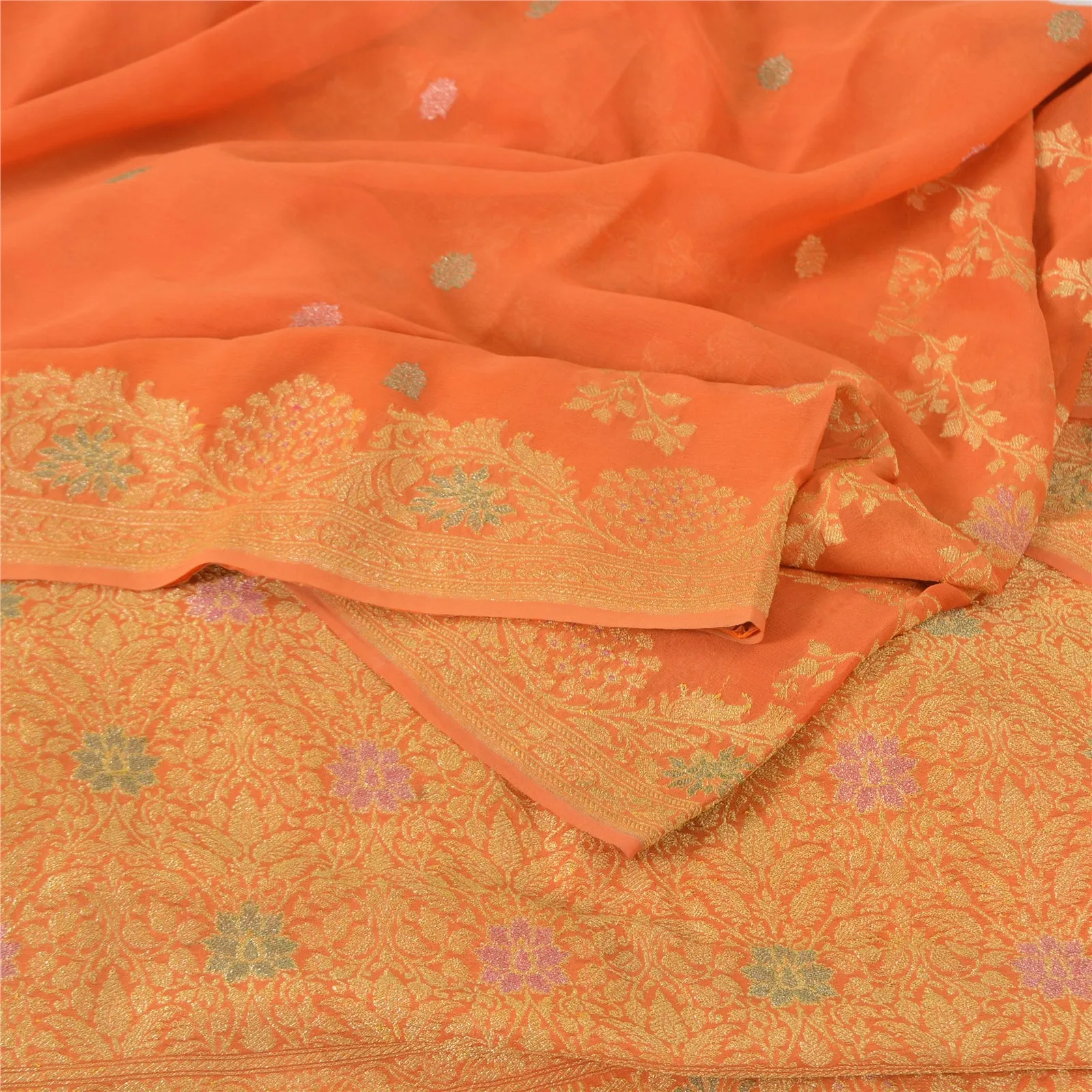 Sanskriti Vintage Orange Sarees Pure Georgette Silk Hand Woven Sari Craft Fabric