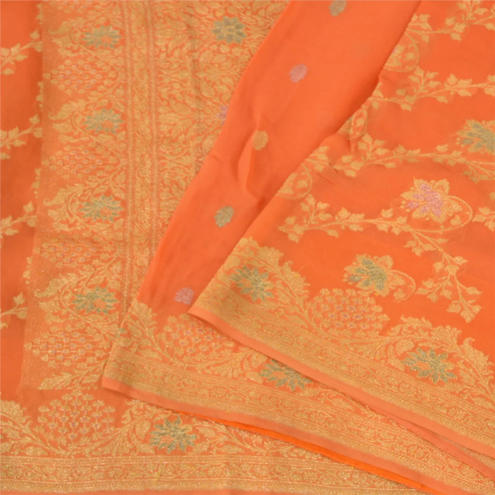 Sanskriti Vintage Orange Sarees Pure Georgette Silk Hand Woven Sari Craft Fabric