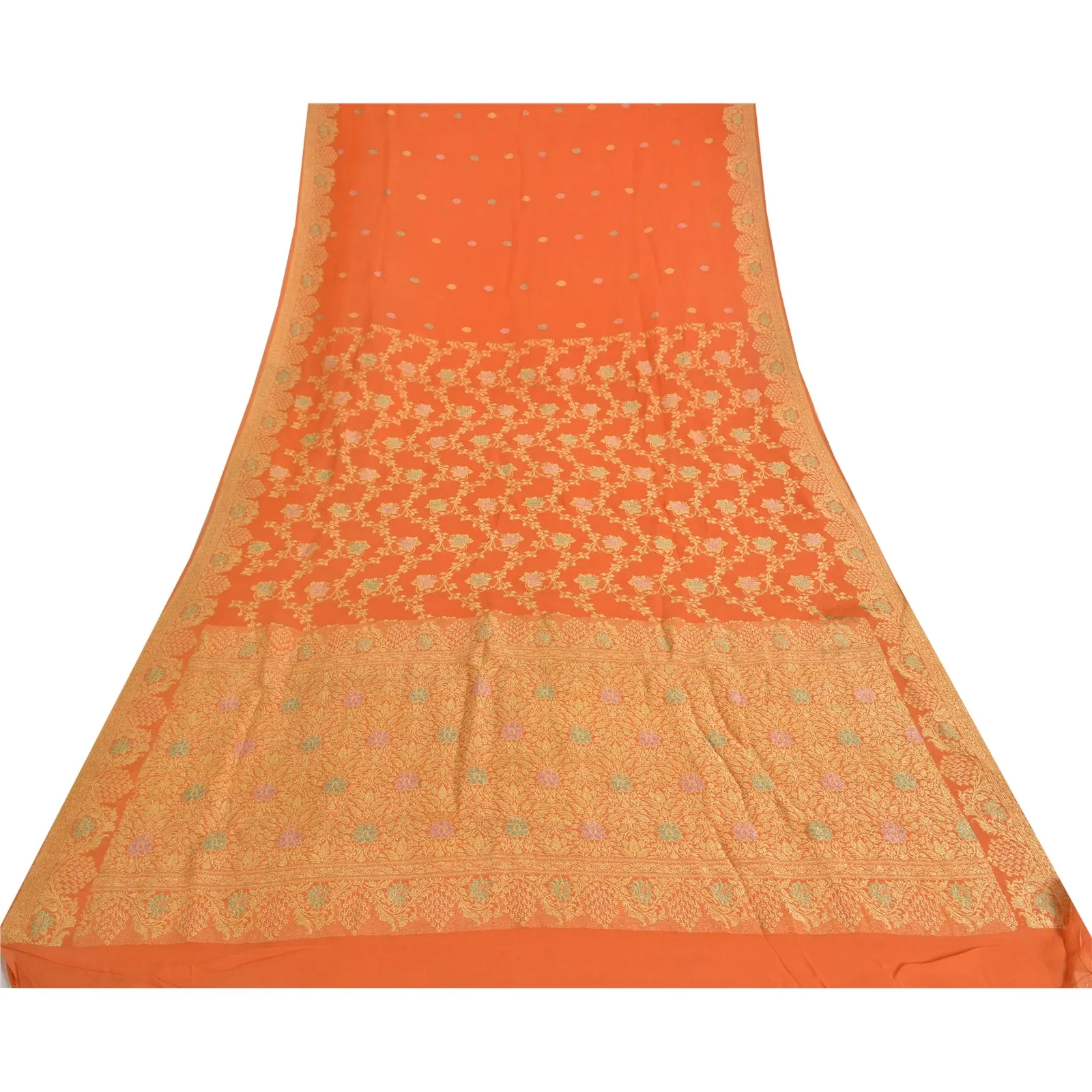 Sanskriti Vintage Orange Sarees Pure Georgette Silk Hand Woven Sari Craft Fabric