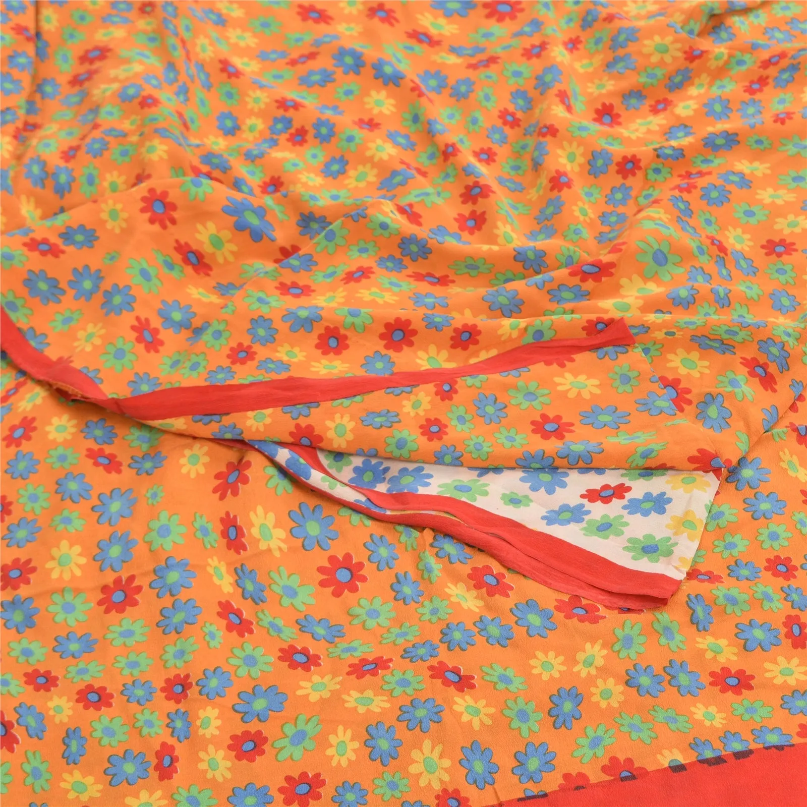 Sanskriti Vintage Orange/White Sarees Pure Crepe Silk Printed Sari Craft Fabric