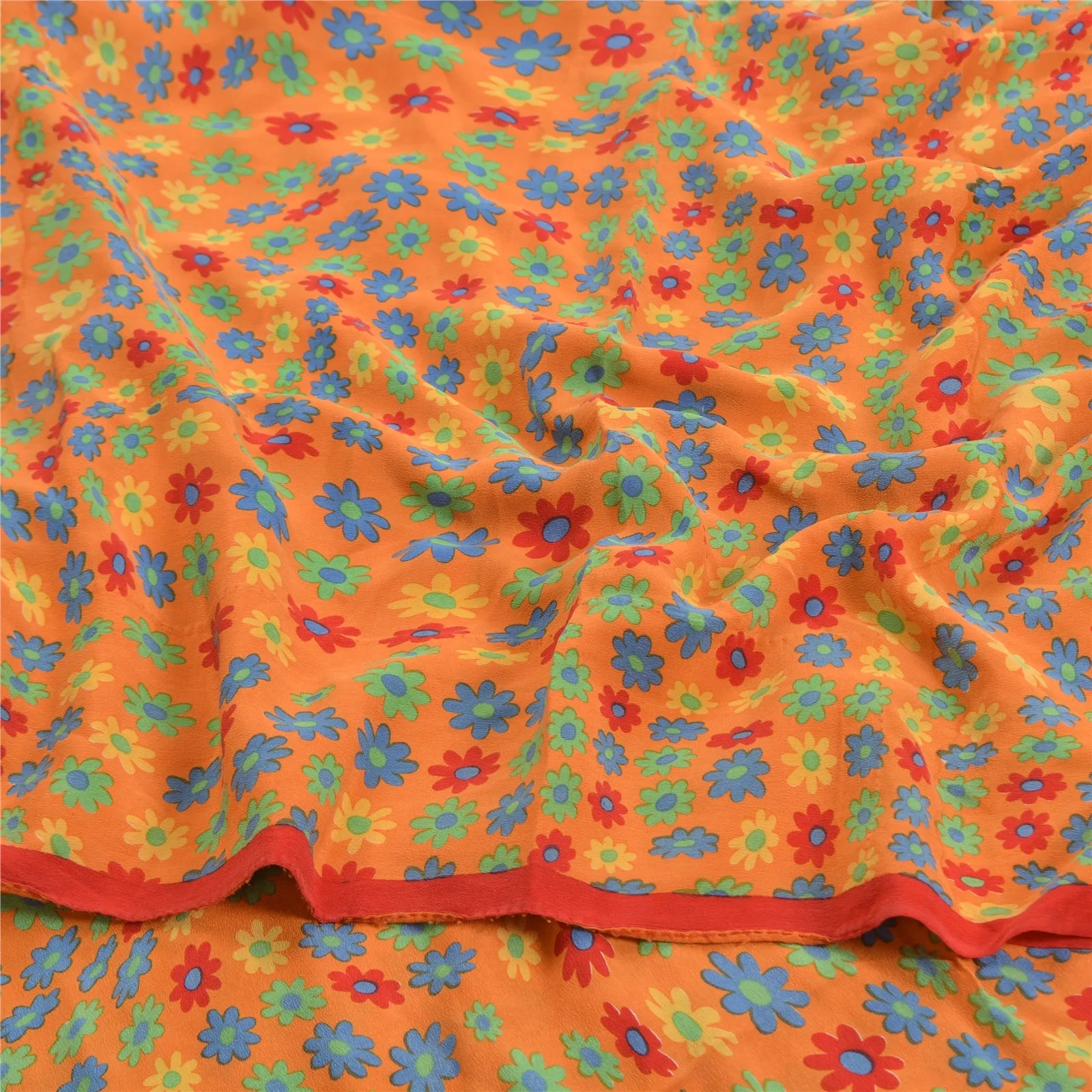 Sanskriti Vintage Orange/White Sarees Pure Crepe Silk Printed Sari Craft Fabric