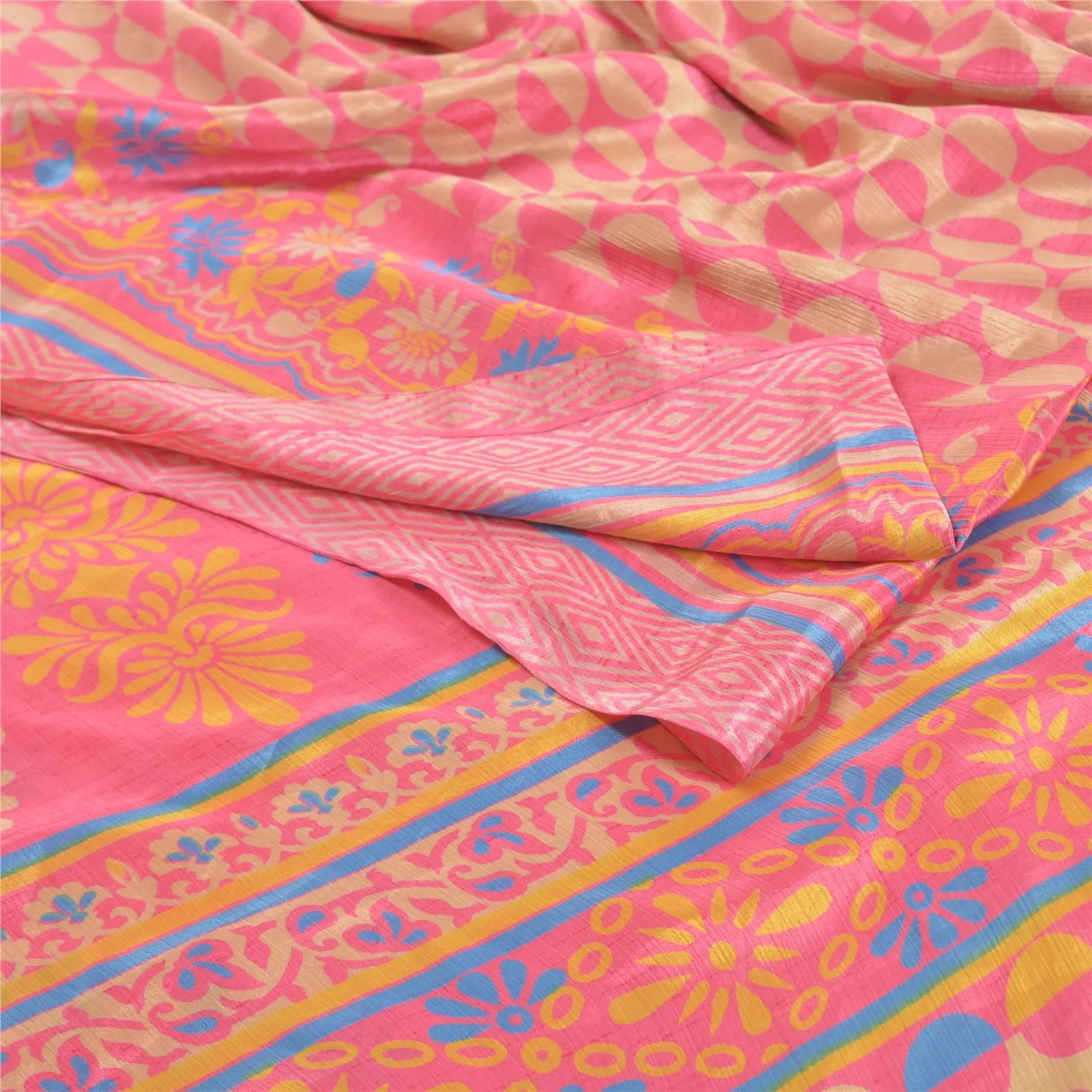 Sanskriti Vintage Pink Sarees Moss Crepe Floral Printed Craft Fabric Sari