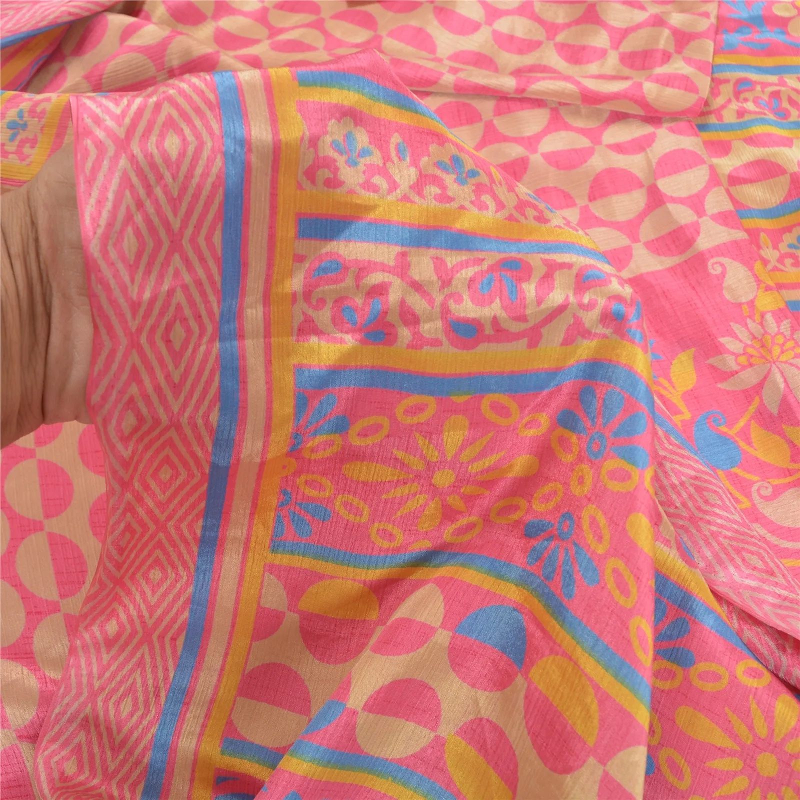 Sanskriti Vintage Pink Sarees Moss Crepe Floral Printed Craft Fabric Sari