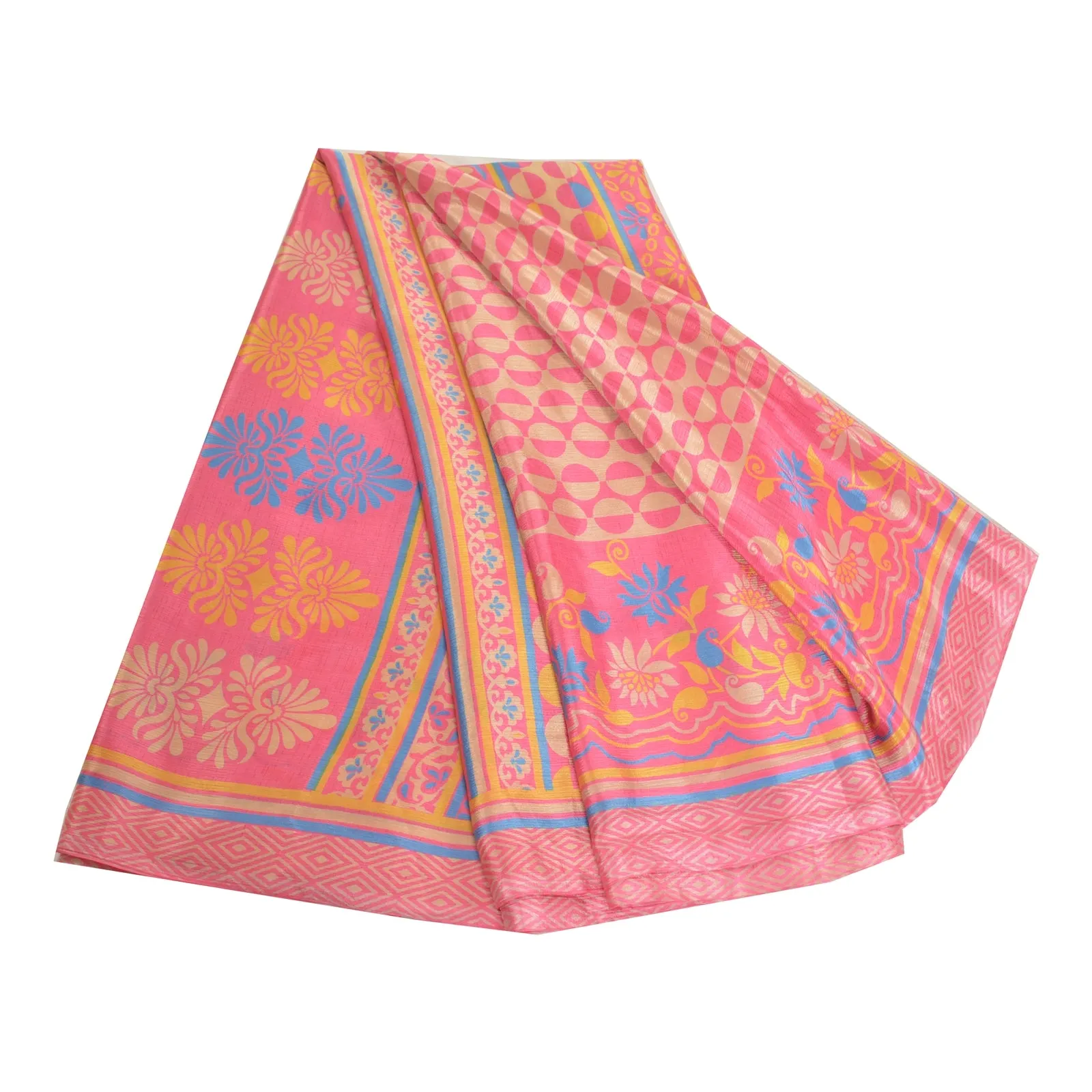 Sanskriti Vintage Pink Sarees Moss Crepe Floral Printed Craft Fabric Sari