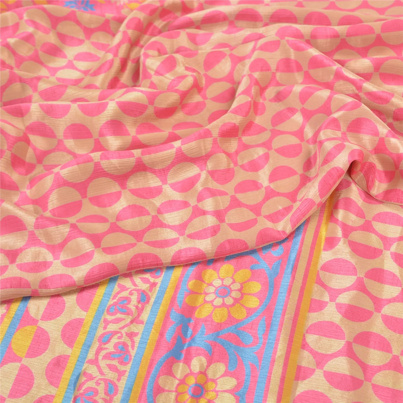 Sanskriti Vintage Pink Sarees Moss Crepe Floral Printed Craft Fabric Sari