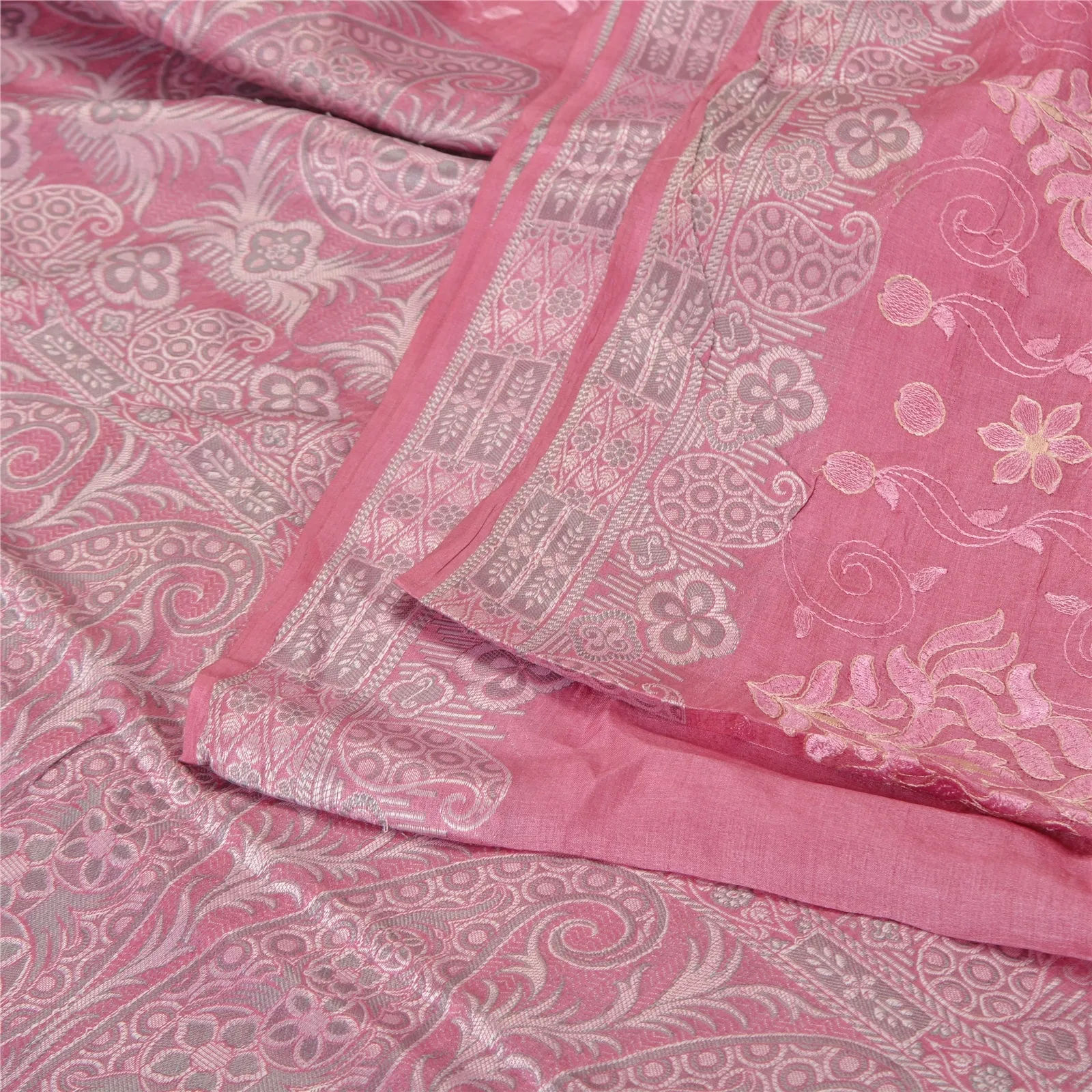 Sanskriti Vintage Pink Sarees Pure Silk Embroidered Woven Premium Sari Fabric